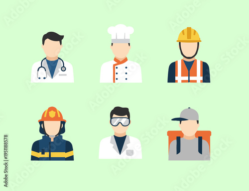 Professional avatars and people silhouettes in uniform including doctor chef builder firefighter scientist and delivery man icons in flat style