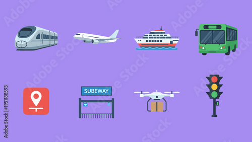 Transportation and logistics icons set including high speed train airplane ferry bus delivery drone and traffic light in flat vector design