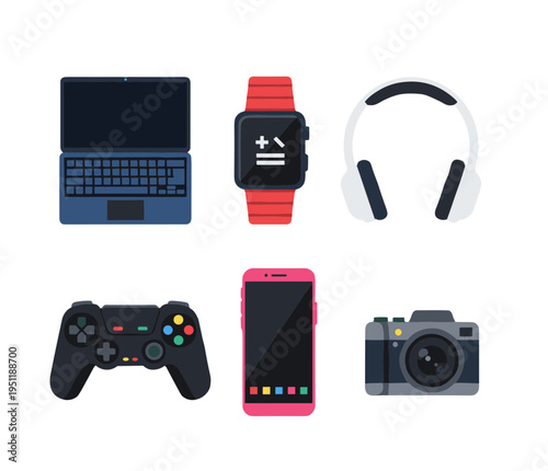 Modern digital devices and electronic gadgets icons set featuring laptop smartwatch headphones game controller smartphone and camera vector