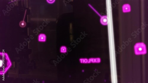 Magenta HUD activating, icons drifting in, label rotating to ZERO-DAY, flagging exploit