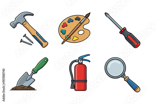 Professional work tools and equipment set including hammer palette screwdriver shovel fire extinguisher and magnifying glass in flat vector style