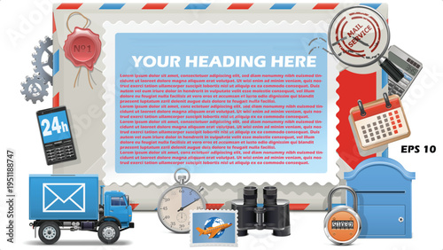 Mail Service and Global Delivery Infographic Template. Professional 3D Vector Illustration with Airmail Envelope, Postal Truck, and Logistics Icons.