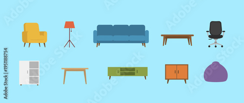Modern home furniture and interior decor icons set including sofa armchair lamp tables cabinet and office chair in minimalist flat vector design