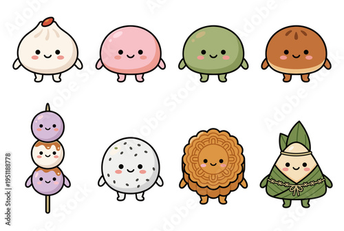 Traditional Asian food and dim sum character set including mochi bun dumplings mooncake and zongzi in cute kawaii flat vector illustration style