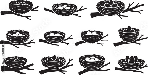 Bird Nests with Eggs on Branches Illustration Set