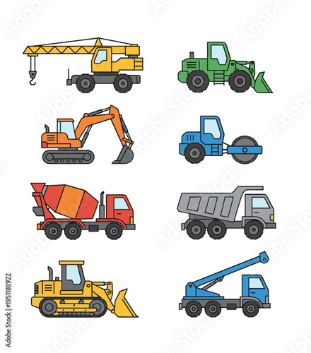 Construction vehicles and heavy equipment vector illustration set featuring mobile crane wheel loader excavator road roller concrete mixer and dump truck