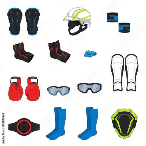 Extreme sports protective gear and safety equipment vector illustration set with helmet knee pads wrist guards boxing gloves goggles and athletic socks