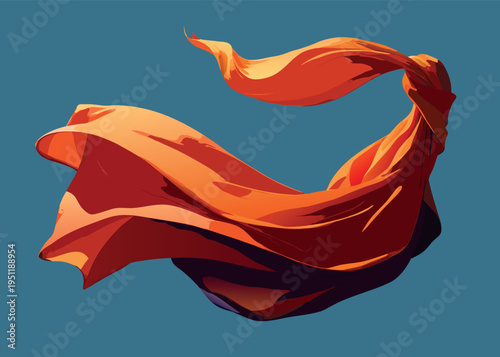 Sheer orange fabric flowing in the wind isolated on white background