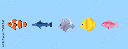 Tropical coral reef fish collection set including clownfish lionfish and butterflyfish in flat vector illustration style for marine life education