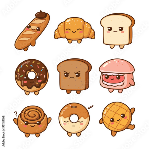 Variety of cute bakery bread and pastry characters with funny faces including croissant donut and baguette, kawaii food mascot flat vector icons