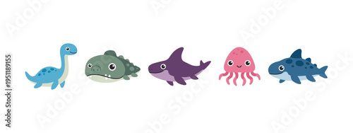 Collection of cute prehistoric sea creatures and marine life icons featuring shark jellyfish and aquatic dinosaurs in flat vector illustration style