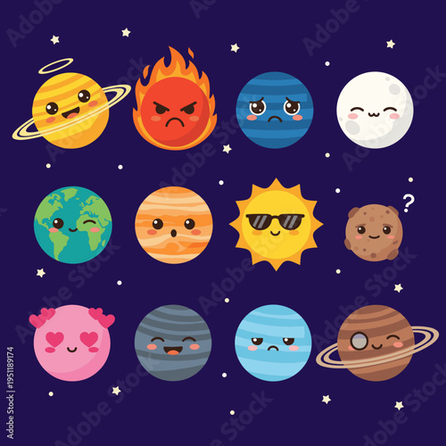 Cute celestial body characters set with sun moon and planets of the solar system featuring funny emoji faces in flat vector kawaii illustration style