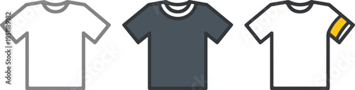 Minimalist T-Shirt Illustration Set Showing Line Art, Dark Gray, and White Shirts with Blue Outline and Yellow Accent
