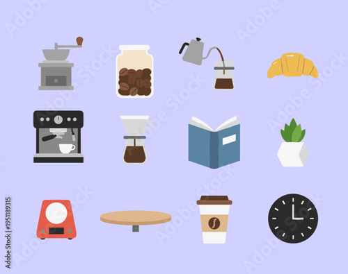Coffee shop and cafe equipment icons collection with espresso machine beans and pastry for morning breakfast and barista branding in flat vector style