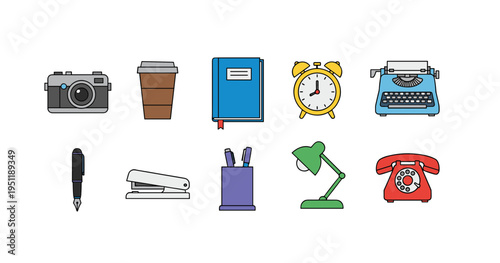 Set of vintage and modern office supplies icons including retro typewriter camera coffee cup notebook alarm clock pen stapler desk lamp and rotary phone