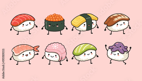 Cute japanese sushi characters with funny faces in kawaii flat vector style for restaurant menu design food blogging and oriental cuisine branding set