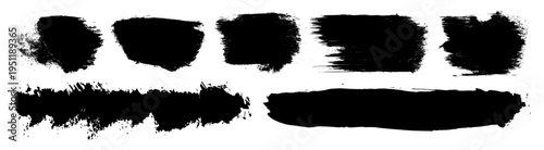 Abstract brush paint shape set. Brushstroke punk label elements. Vector splatter texture stain tags. Long dry black ink stroke effects. Japanese sumi grunge marks. Graffiti spray, scratch, and blot bg