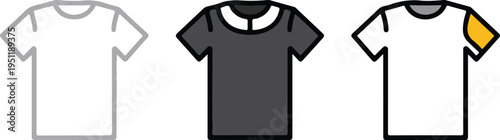 Minimalist T-Shirt Illustration Set Showing Line Art, Dark Gray, and White Shirts with Blue Outline and Yellow Accent