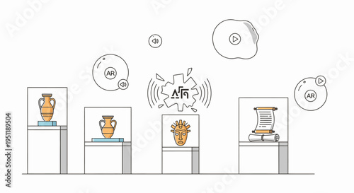 Augmented Reality and Virtual Reality enhancing museum experience with ancient artifacts exhibition. Modern line art concept for digital history and education.