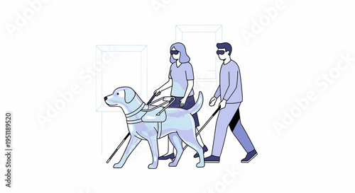 Visually impaired couple walking with a guide dog and white cane, symbolizing independence, accessibility, and support for people with disabilities.