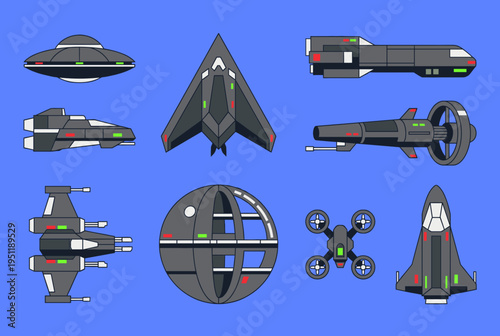Sci-fi futuristic spaceship and spacecraft collection in flat vector style including saucer stealth fighter satellite drone and cosmic shuttles