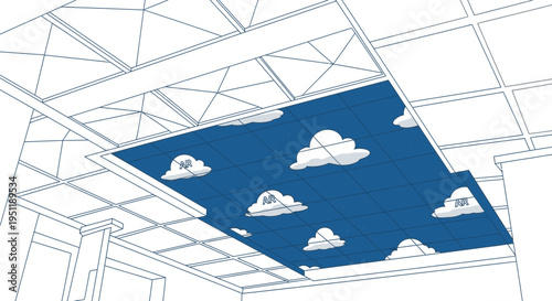 Innovative office ceiling design featuring a blue panel with white clouds, symbolizing creativity, open-mindedness, and a refreshing work environment.