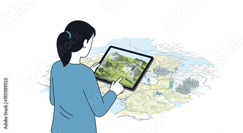 Woman using a tablet to view a digital map with geographical features and topography, exploring the world