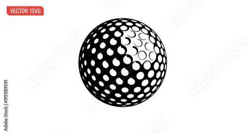 Black and white golf ball with dimples, isolated on white background, vector graphic.