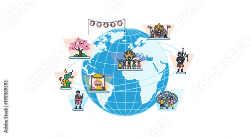 Global cultural diversity and traditions illustrated around the Earth, showing different countries and their unique heritage.