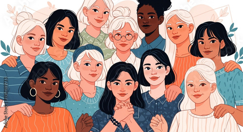 Diverse group of women standing together in solidarity and unity.