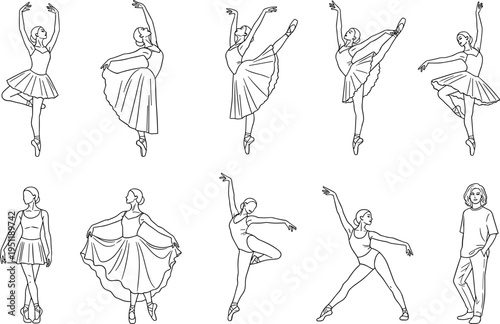 Line drawings of ballet dancers in classical poses alongside casual standing figure, ideal for dance education, posture studies, or artistic design themes.