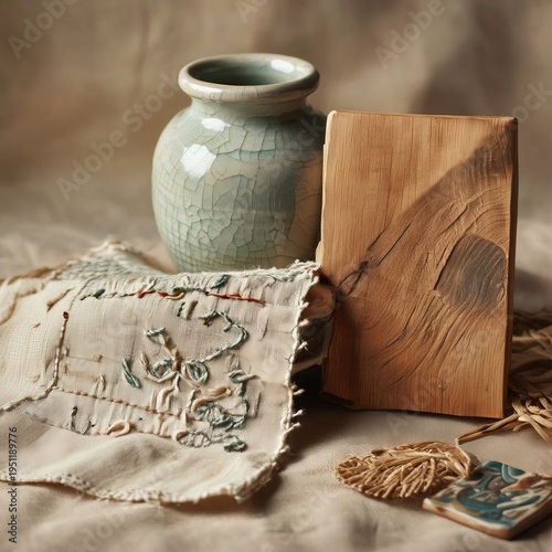 Visual elements that mimic handcrafted items like embroidery pot