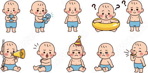 Cartoon illustrations of baby in various poses and emotions with objects, ideal for child development, educational materials, or playful design themes.