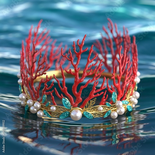 A crown made of red coral branches with pearls and turquoise acc