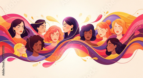 Diverse group of women faces illustration with colorful abstract waves.