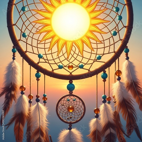 A dreamcatcher with the sun at its center rays extending outward