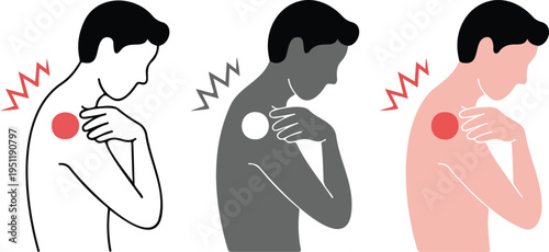 Minimalist Shoulder Pain Illustration Set Showing Human Figures with Red Pain Indicators in Line Art, Gray, and Pink Styles