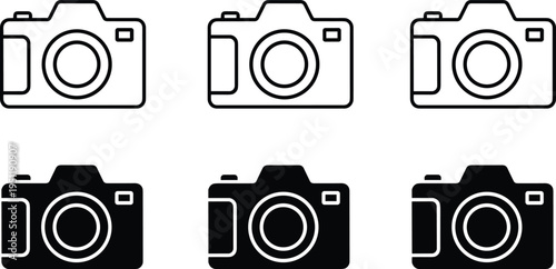 Camera icon silhouette, photography symbol, lens design, photo equipment, digital graphic, outline illustration, solid style, user interface element, technology logo