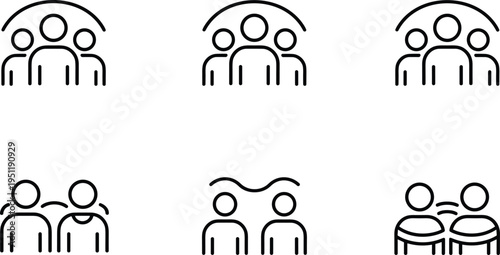 Set, of, six, minimalist, people, group, line, icons, representing, social, distancing, community, leadership, teamwork, and, user, profiles, for, digital, interfaces.
