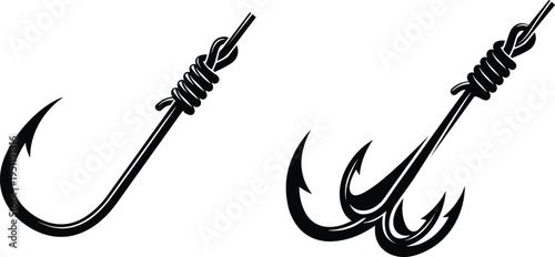 Fishing hook illustration, single hook, treble hook, fishing gear, angling equipment, bait hook, lure hook, fishing tackle comparison