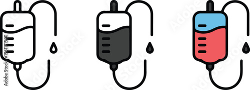 Minimalist IV Drip Bag Illustration Set Showing Line Art, Black Fluid, and Blue Red Medical Infusion Icons Vector