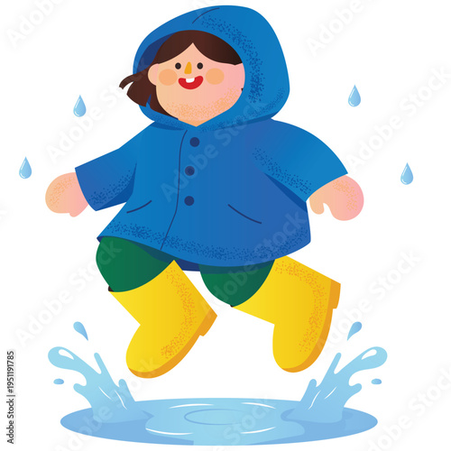 Rainy Season Illustration. Vector illustration of Child jumping in water puddle during rain, showing playful mood and joyful rainy day activity. Isolated on background