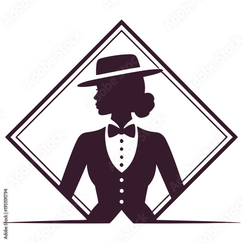 A sophisticated silhouette illustration of a woman wearing a formal hat and a stylish tuxedo suit