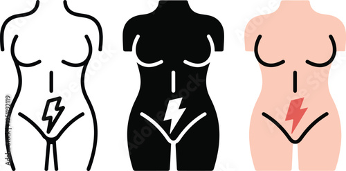 Minimalist Female Torso Illustration Set Showing Menstrual Pain Concept with Lightning Symbols in Line Art, Silhouette, and Skin Tone