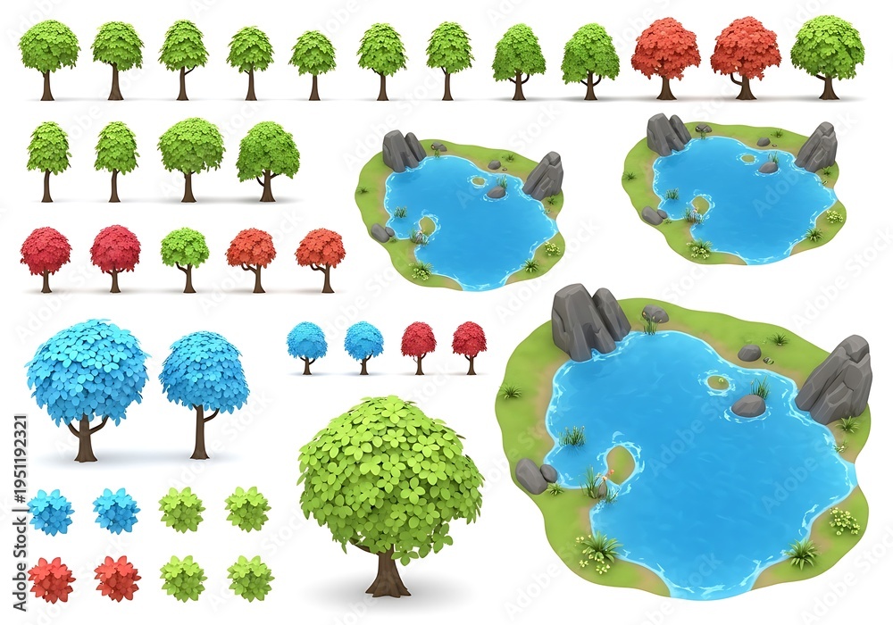 Naklejka premium Collection of 3D tree and lake illustrations for landscape design
