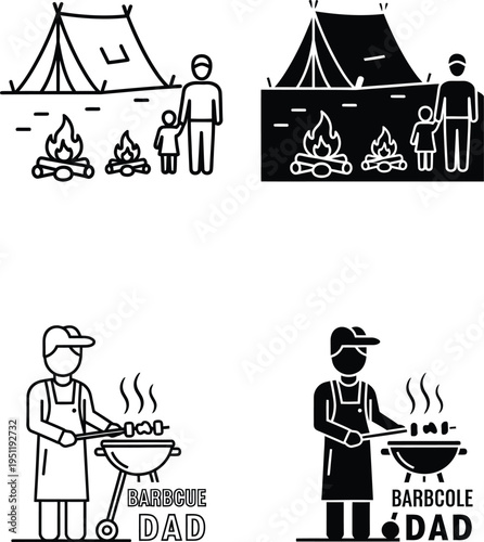 Black and white illustrations of camping and barbecue scenes with dad