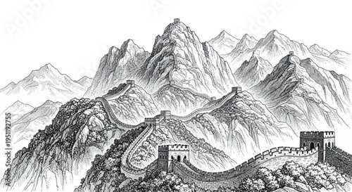 Great Wall of China scenic landscape, ancient fortress on mountainous terrain, ink drawing