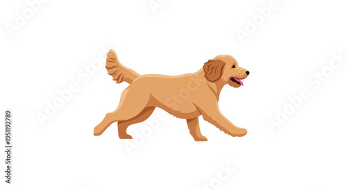 Side profile vector illustration of a golden Goldendoodle dog running, isolated on white background, featuring shaggy fur, floppy ears, bushy tail, and happy expression with tongue out.