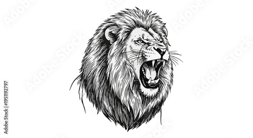 Detailed black and white engraving style illustration of a roaring male lion head with open mouth showing sharp teeth and fangs, intricate mane texture, isolated on white background.