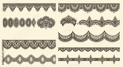 Collection of black lace borders and decorative trim ornaments on a cream background featuring horizontal patterns with scalloped edges, floral motifs, and intricate filigree designs.